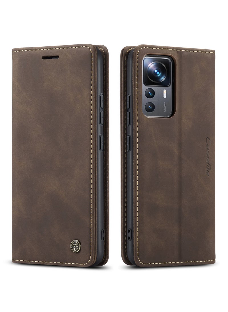 CaseMe - CaseMe Xiaomi Mi 12/12T Pro Case Wallet, for Xiaomi Mi 12/12T Pro Wallet Case Book Folding Flip Folio Case with Magnetic Kickstand Card Slots Protective Cover - Coffee - Image 1