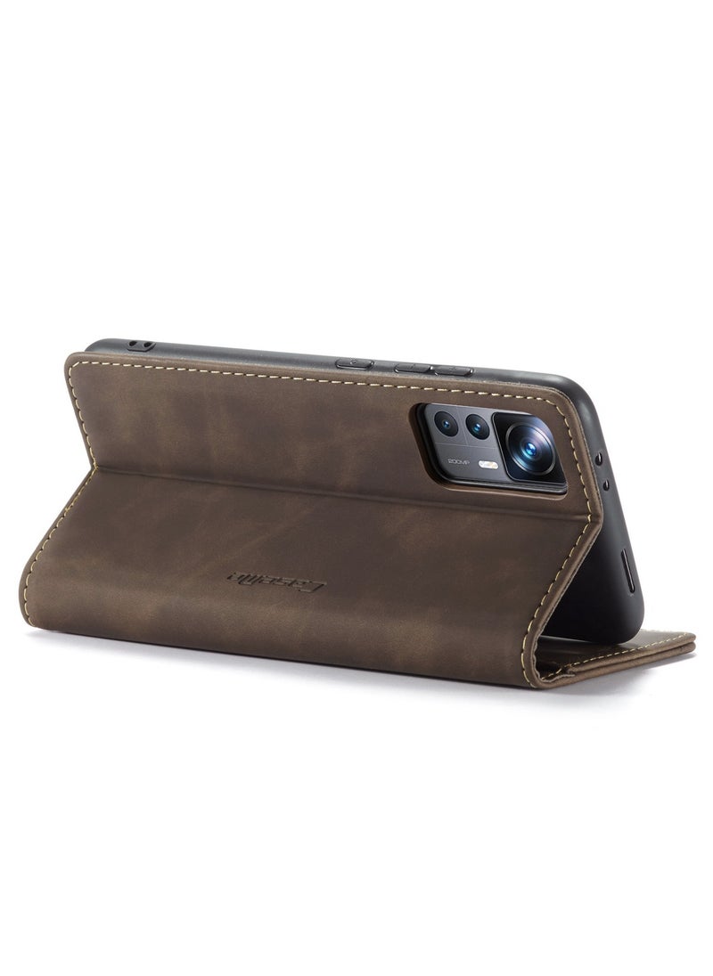 CaseMe - CaseMe Xiaomi Mi 12/12T Pro Case Wallet, for Xiaomi Mi 12/12T Pro Wallet Case Book Folding Flip Folio Case with Magnetic Kickstand Card Slots Protective Cover - Coffee - Image 1