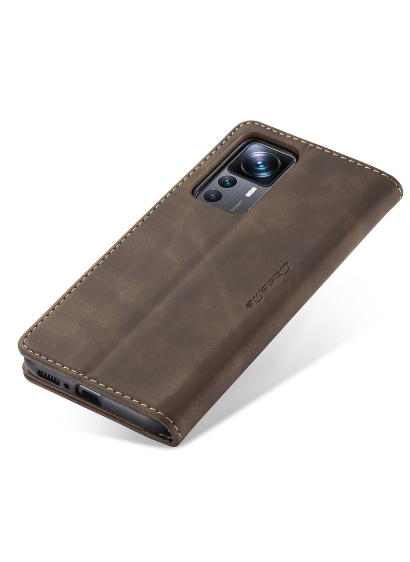 CaseMe - CaseMe Xiaomi Mi 12/12T Pro Case Wallet, for Xiaomi Mi 12/12T Pro Wallet Case Book Folding Flip Folio Case with Magnetic Kickstand Card Slots Protective Cover - Coffee - Image 1