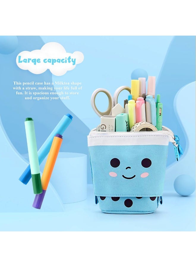 قضية قلم رصاص لطيف ، حامل قلم مستقيم ، حقيبة ماكياج قابلة للسحب ، حقيبة ماكياج منبثقة مع وجه ابتسامة لطيف ، صندوق القرطاسية ، صندوق تخزين المكتب مناسب للبنات ، الطلاب ، السيدات ، البالغين (الأزرق) - Image 4