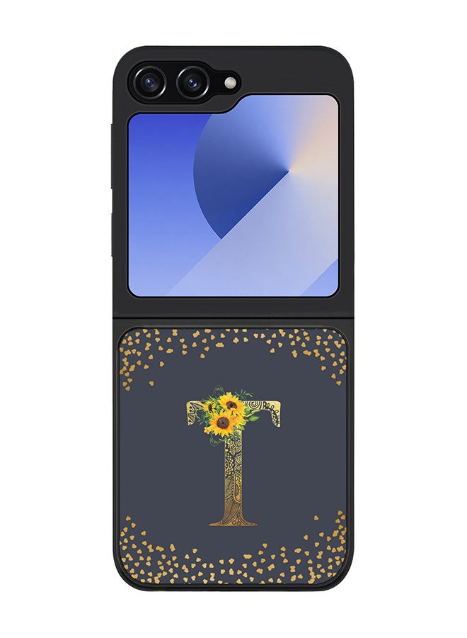 Stylizedd Rugged Black edge case for Samsung Galaxy Z Flip7 FE, Slim fit Case Flexible Cover - Custom Monogram Initial Letter Floral Pattern Alphabet - T (Grey ) - Image 1