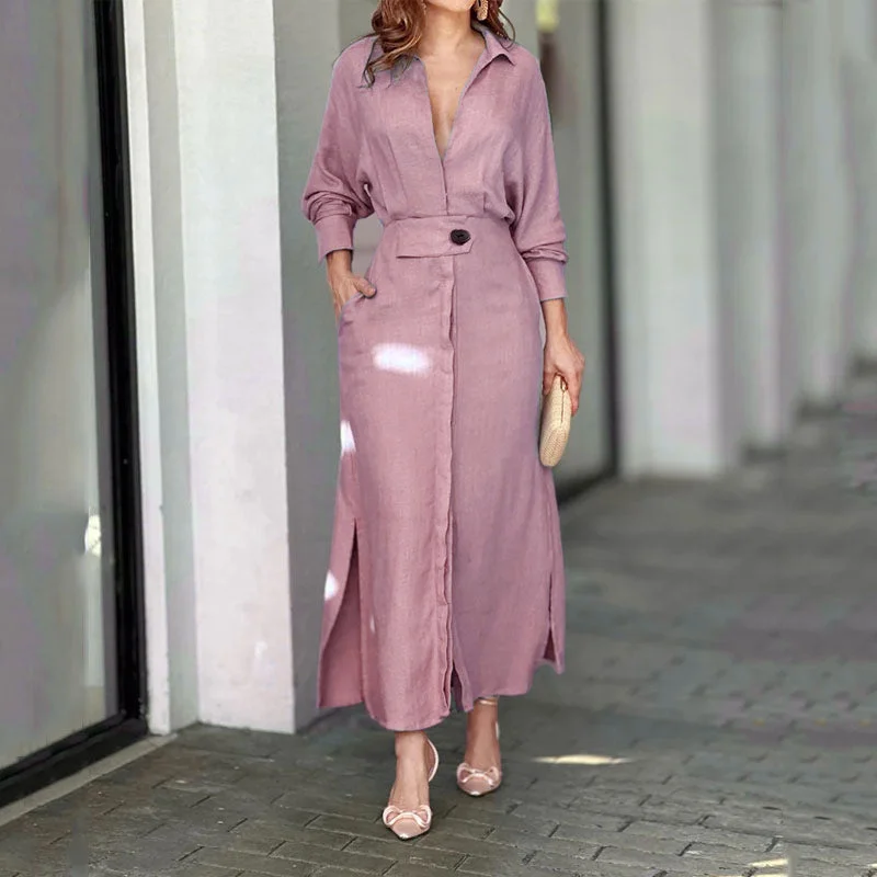 OUTZIDR Pink Maxi Shirt Dress With Side Slit