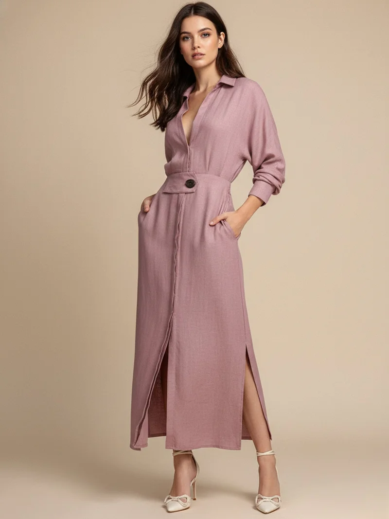 أوجيدر فستان قميص ماكسي وردي بفتحة جانبية