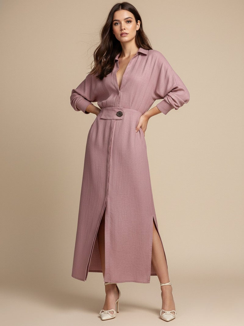 OUTZIDR Pink Maxi Shirt Dress With Side Slit - Image 2