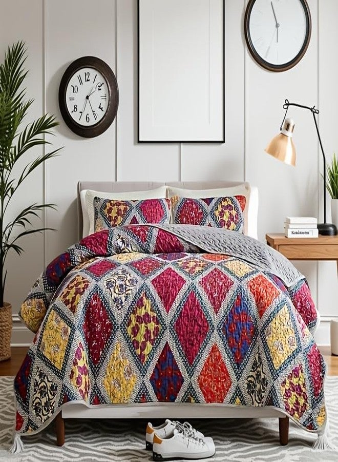 ITFRO Boho Floral Patchwork Quilt Set King Colorful Geometric Bedspread Coverlet Soft Microfiber 3 Piece Bedding Set with 2 Pillow Shams All Season (New-Colorful, King) - Image 1
