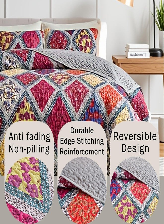 ITFRO Boho Floral Patchwork Quilt Set King Colorful Geometric Bedspread Coverlet Soft Microfiber 3 Piece Bedding Set with 2 Pillow Shams All Season (New-Colorful, King) - Image 4