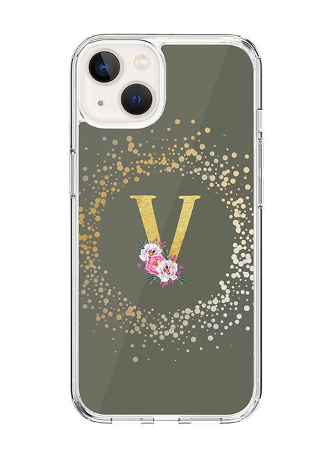 Classic Clear Case For iPhone 14 Plus, Hybrid Soft Case Thin Cover- Custom Monogram Initial Letter Floral Pattern Alphabet - V(Olive Green)