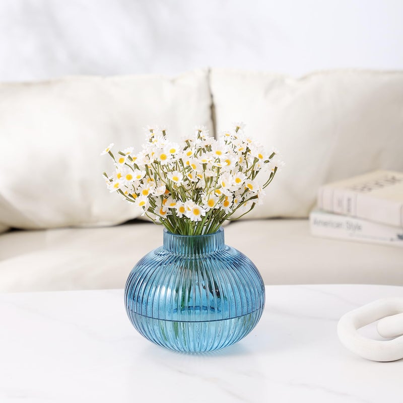 YANWE1 Blue Glass Vase for Tulips, Ribbed Glass Vase for Flowers, Round Flower Vases, Small Short Vases for Living Room, Office, Coffee Table, Shelf, Wedding, 6 Inches - Image 4