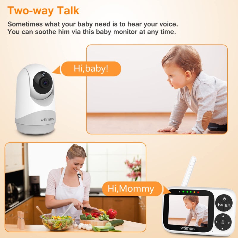 VTimes Baby Monitor with Camera and Audio, 3.2" IPS Screen Video Baby Monitor No WiFi Night Vision, Portable Baby Camera VOX Mode Pan-Tilt-Zoom Alarm and 1000ft Range, Ideal for Baby/Elderly/Pet - Image 2