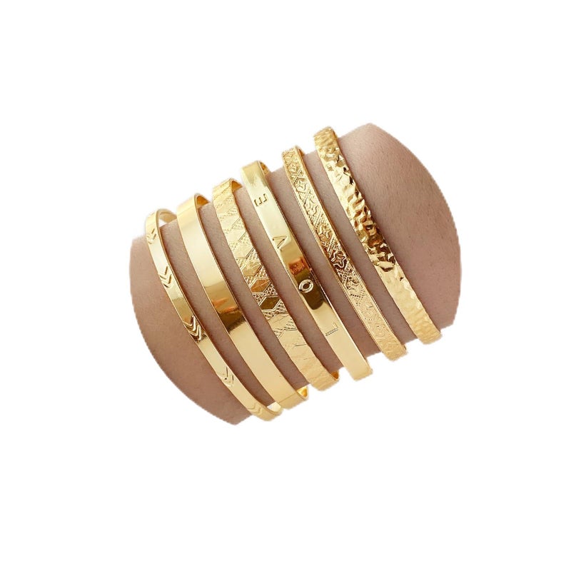 IFKM Gold Bangle Bracelets For Women, 14k Gold Plated Multi Layer Stackable Cuff Bracelet Set, Trendy Elegance Charms Non Tarnish Minimalist Textured Boho Jewelry Gift (6pcs Love) - Image 1