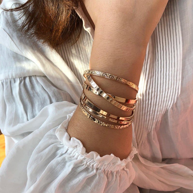 IFKM Gold Bangle Bracelets For Women, 14k Gold Plated Multi Layer Stackable Cuff Bracelet Set, Trendy Elegance Charms Non Tarnish Minimalist Textured Boho Jewelry Gift (6pcs Love) - Image 2