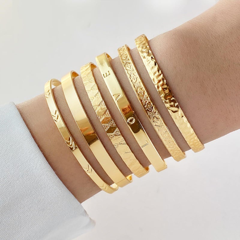 IFKM Gold Bangle Bracelets For Women, 14k Gold Plated Multi Layer Stackable Cuff Bracelet Set, Trendy Elegance Charms Non Tarnish Minimalist Textured Boho Jewelry Gift (6pcs Love) - Image 4