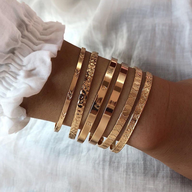 IFKM Gold Bangle Bracelets For Women, 14k Gold Plated Multi Layer Stackable Cuff Bracelet Set, Trendy Elegance Charms Non Tarnish Minimalist Textured Boho Jewelry Gift (6pcs Love) - Image 3