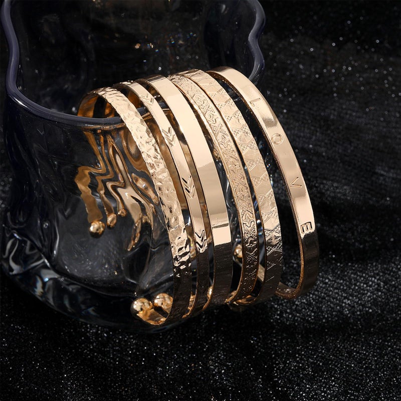 IFKM Gold Bangle Bracelets For Women, 14k Gold Plated Multi Layer Stackable Cuff Bracelet Set, Trendy Elegance Charms Non Tarnish Minimalist Textured Boho Jewelry Gift (6pcs Love) - Image 5