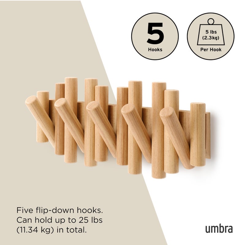 Umbra Picket 5 Hooks, Wall-Mounted Rail, Doubles as Art, Beveled Pine Wood Dowels, Natural Finish - Image 5