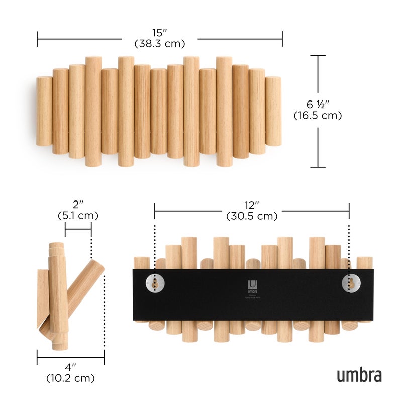 Umbra Picket 5 Hooks, Wall-Mounted Rail, Doubles as Art, Beveled Pine Wood Dowels, Natural Finish - Image 3