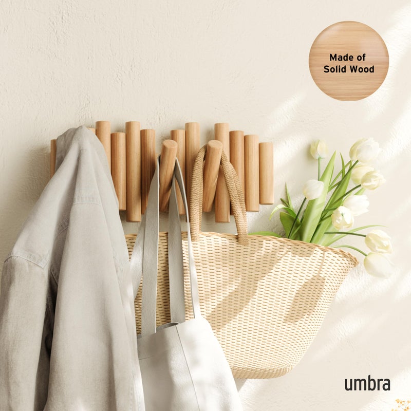Umbra Picket 5 Hooks, Wall-Mounted Rail, Doubles as Art, Beveled Pine Wood Dowels, Natural Finish - Image 2