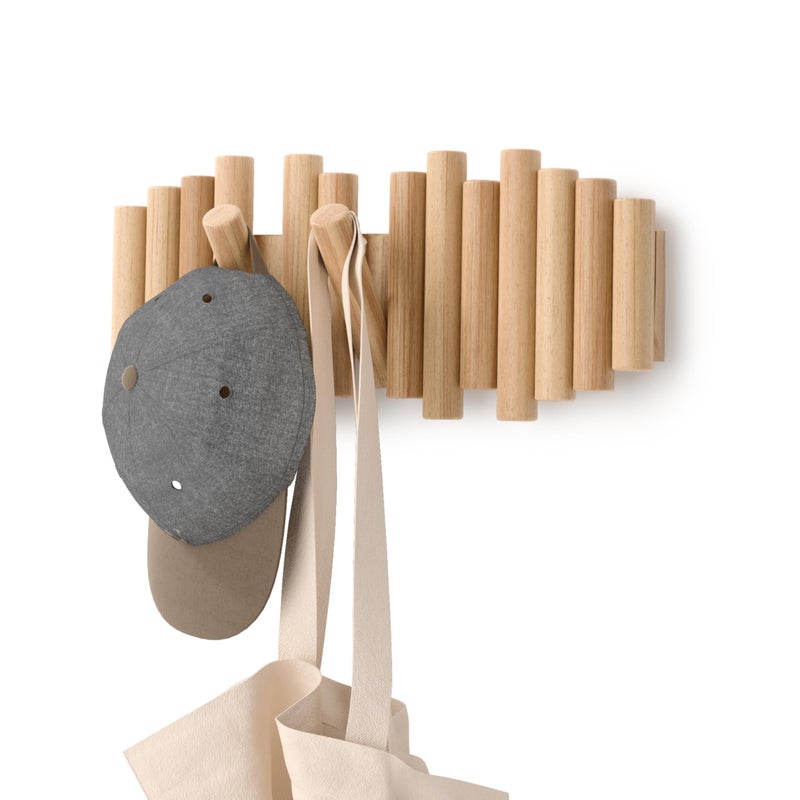Umbra Picket 5 Hooks, Wall-Mounted Rail, Doubles as Art, Beveled Pine Wood Dowels, Natural Finish - Image 1