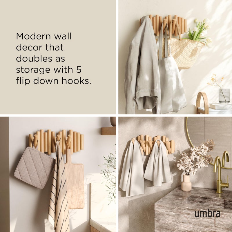 Umbra Picket 5 Hooks, Wall-Mounted Rail, Doubles as Art, Beveled Pine Wood Dowels, Natural Finish - Image 4