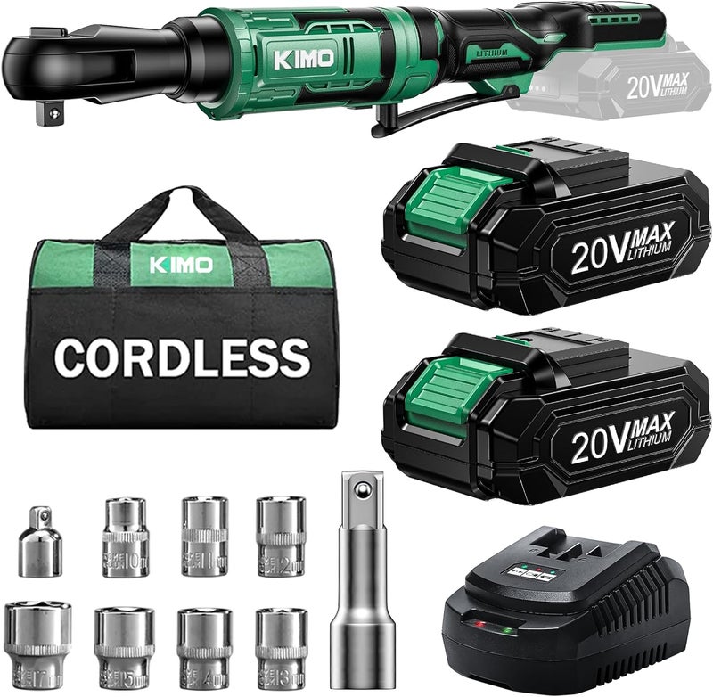 KIMO 20V Cordless Ratchet Wrench 1/2" Set, 74 Ft-lbs 400 RPM Electric Ratchet Wrench, Battery Powered Ratchet with 7 Sockets, 3" Extension Bar, 3/8" Adapter, 2-Pack Lithium-Ion Batteries, Fast Charger - Image 1