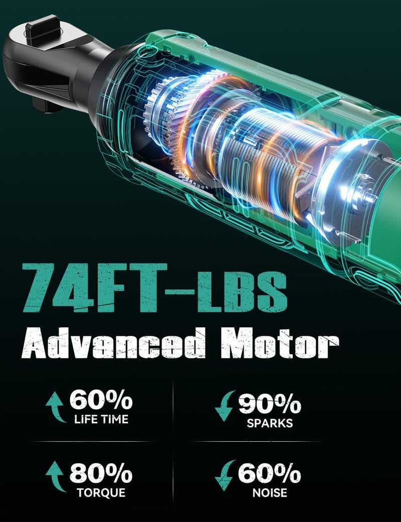 KIMO 20V Cordless Ratchet Wrench 1/2" Set, 74 Ft-lbs 400 RPM Electric Ratchet Wrench, Battery Powered Ratchet with 7 Sockets, 3" Extension Bar, 3/8" Adapter, 2-Pack Lithium-Ion Batteries, Fast Charger - Image 2