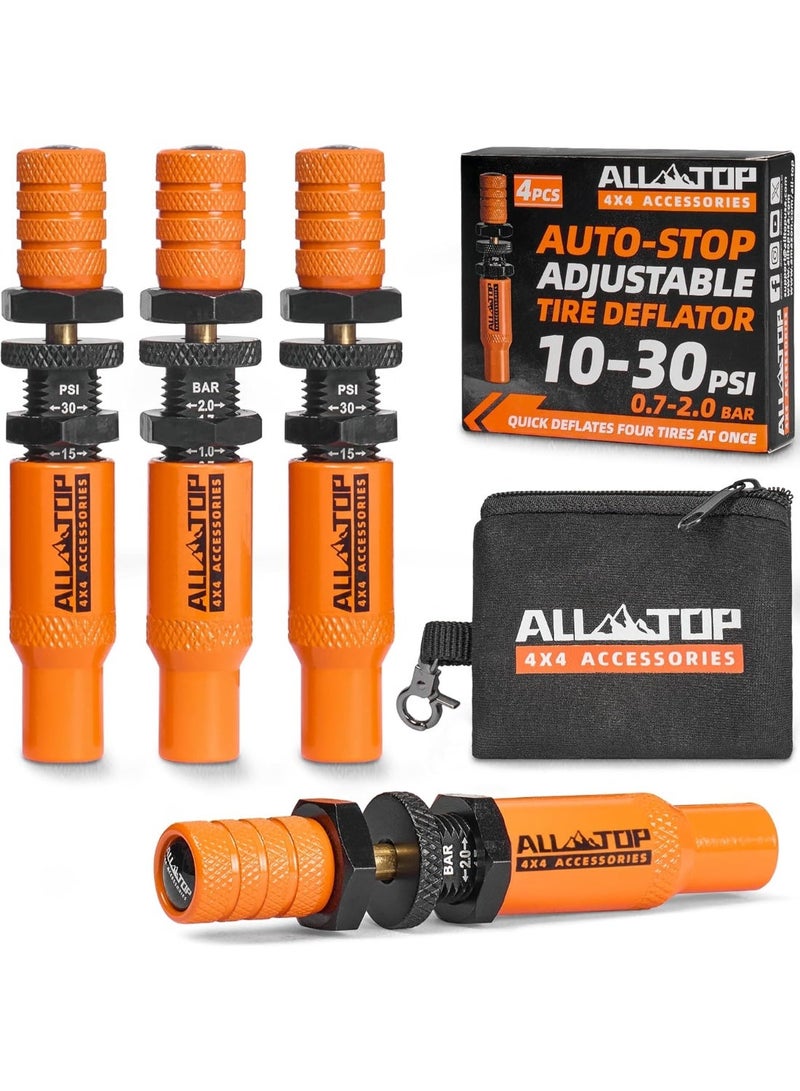 ALL-TOP طقم صمامات تفريغ الإطارات القابلة للتعديل ALL-TOP (10-30 PSI) 4 قطع أداة خفض ضغط الإطارات مع غطاء صمام احتياطي قابل للبرغي للطرق الوعرة 4x4 (الجيل الثاني) - Image 1