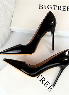 BIGTREE Glossy Patent Leather Shallow Mouth Pointed Thin High-Heeled Shoes 10.5CM Black 