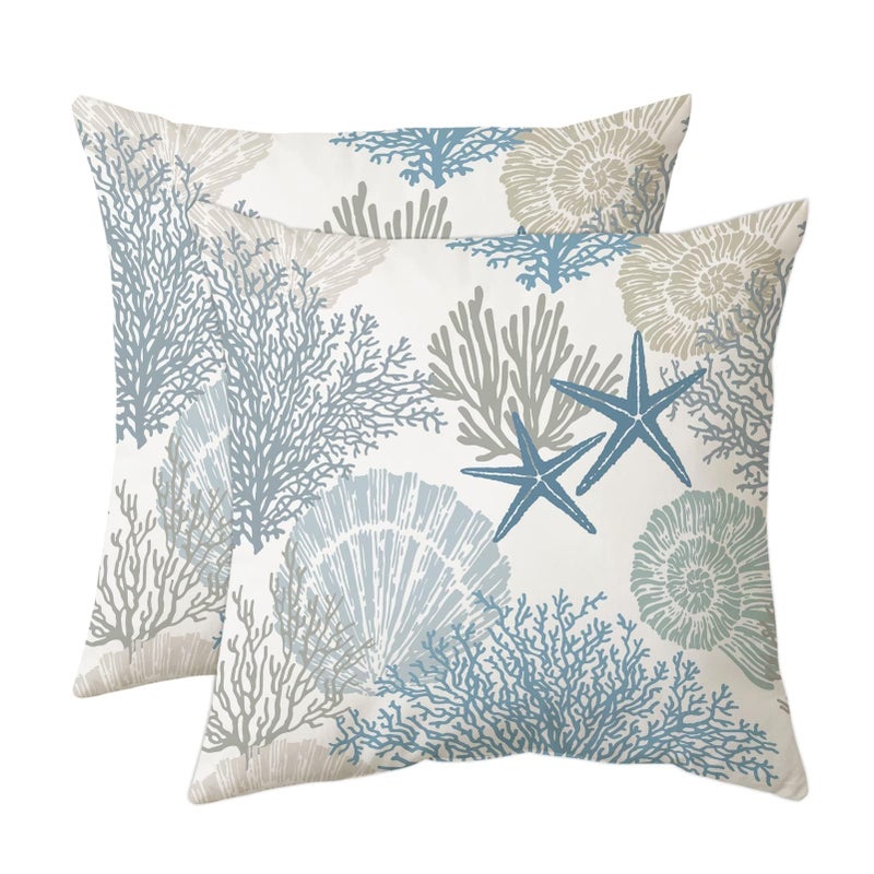 Tritard Nautical Coastal Throw Pillow Covers 16x16 Set of 2 Beach Themed Ocean Seashell Coral Starfish Velvet Couch Decorative Pillow Cases Outdoor Sofa Cushion Cover for Bedroom Living Room Blue