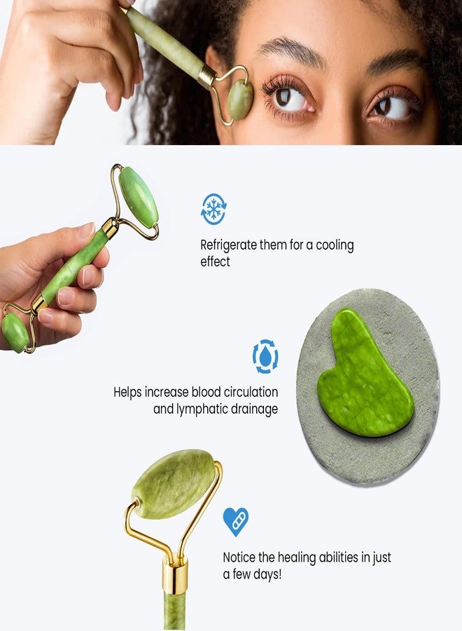 Hinmin Jade Roller & Gua Sha Set - Natural Green Jade Facial Roller & Massage Tool for Face, Neck & Eyes - Anti-Aging, Wrinkle Reduction, Puffiness & Dark Circles Treatment - Skin Care Tool for Improved Elasticity & Microcirculation - Image 4