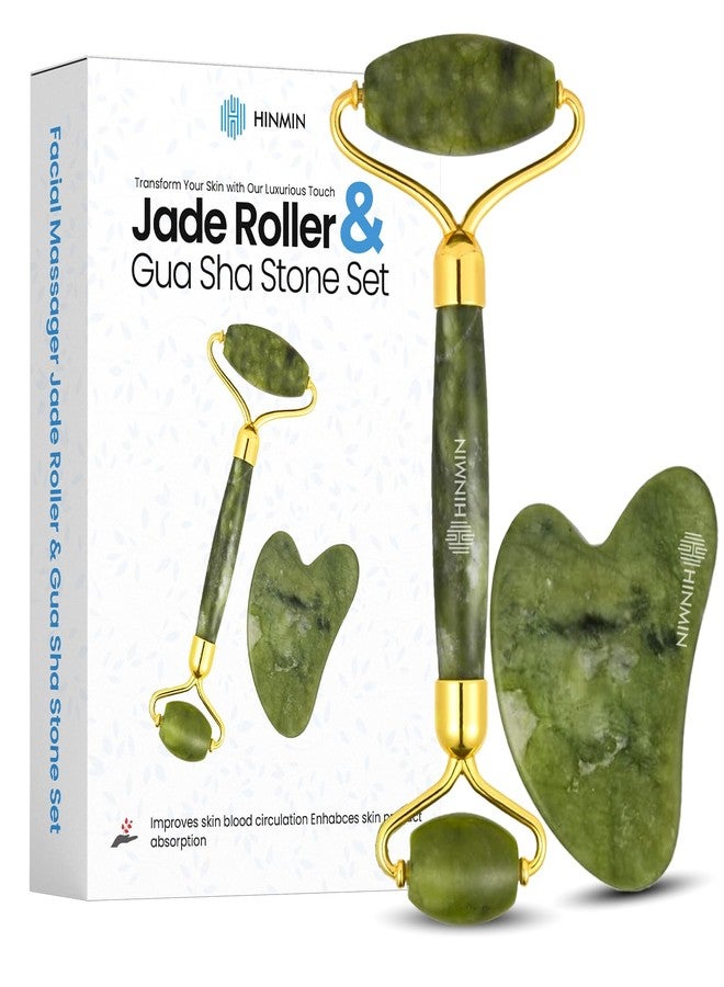 Hinmin Jade Roller & Gua Sha Set - Natural Green Jade Facial Roller & Massage Tool for Face, Neck & Eyes - Anti-Aging, Wrinkle Reduction, Puffiness & Dark Circles Treatment - Skin Care Tool for Improved Elasticity & Microcirculation - Image 1