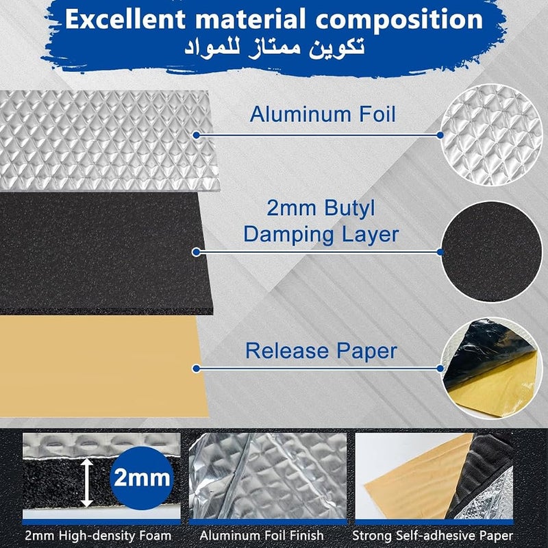 AbaqCasa Car Sound Deadening Mat, 10 Pack Heat Shield Butyl Automotive Sound Deadener, Self-Adhesive Auto Audio Deadener Mat, Noise Control Moistureproof Waterproof Heat Insulation for Truck Vehicle (40*25cm) - Image 3