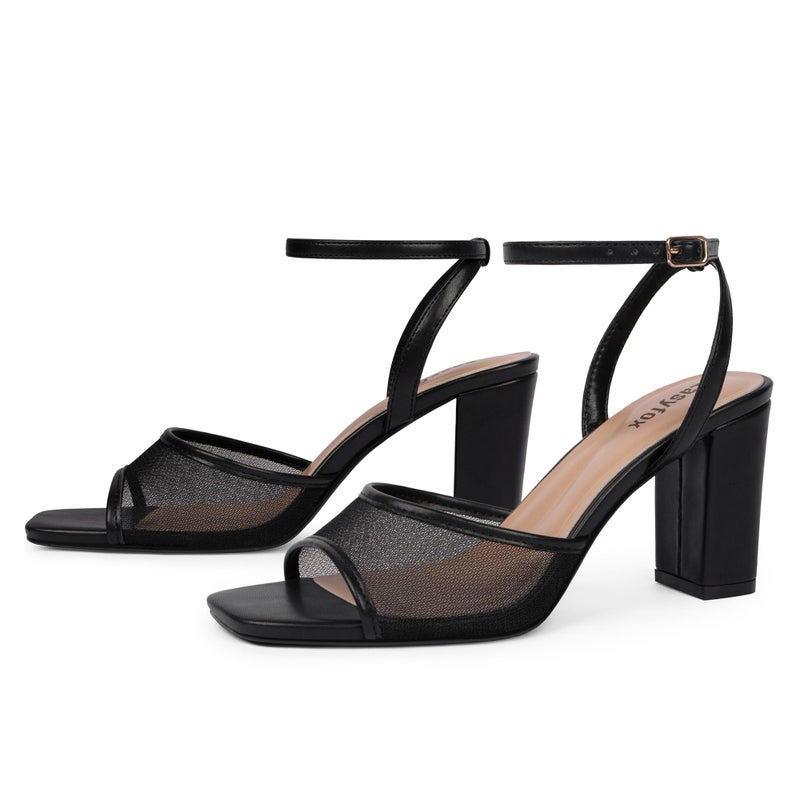 Easyfox Black Heels for Women Open Toe Mesh Black Heels Chunky Heel Strappy 3 Inch Heeled Sandals Dress Wedding Block High Heel Sandals Size 8.5 - Image 5