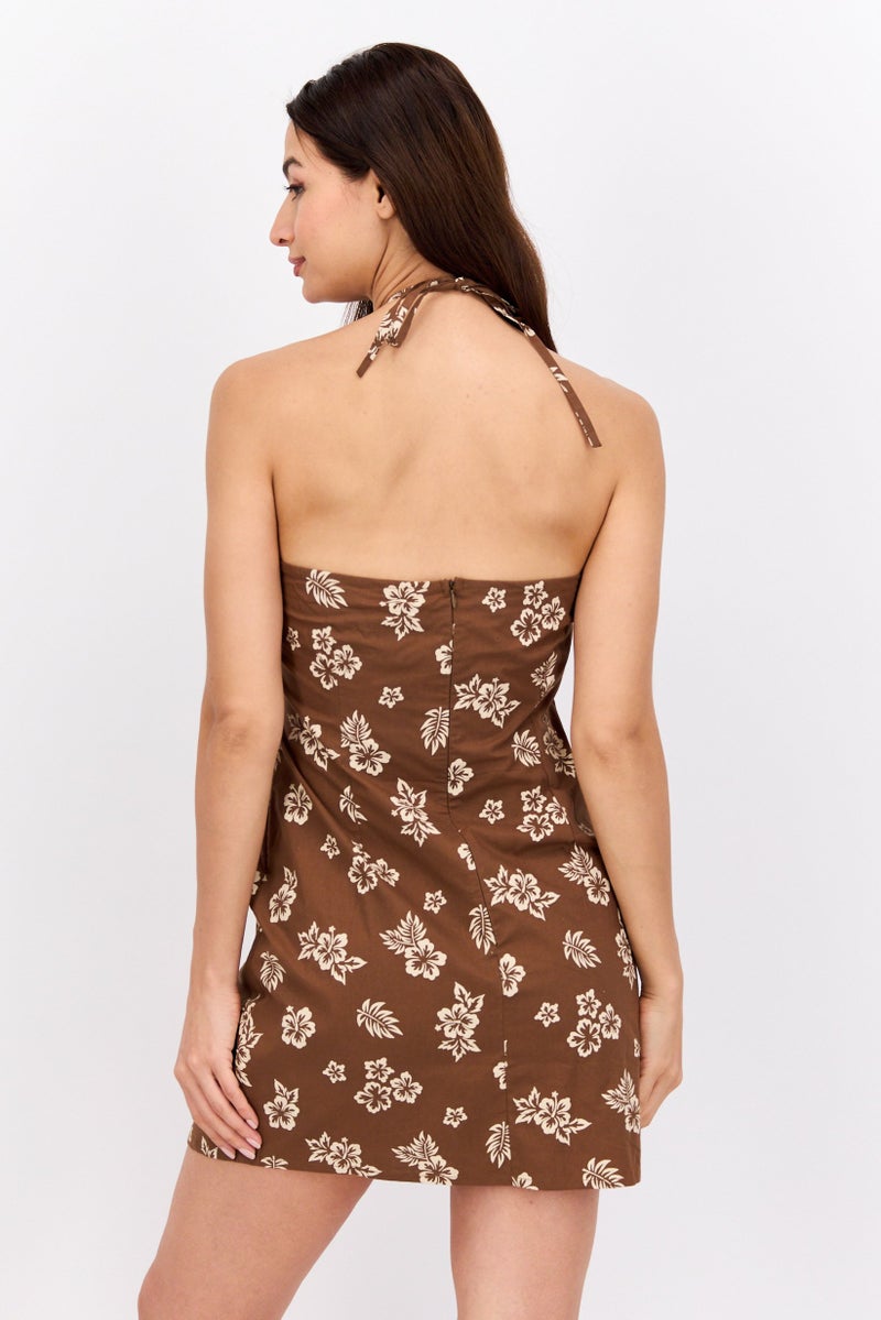 Daisy Street Women Floral Print Mini Dress, Brown - Image 3