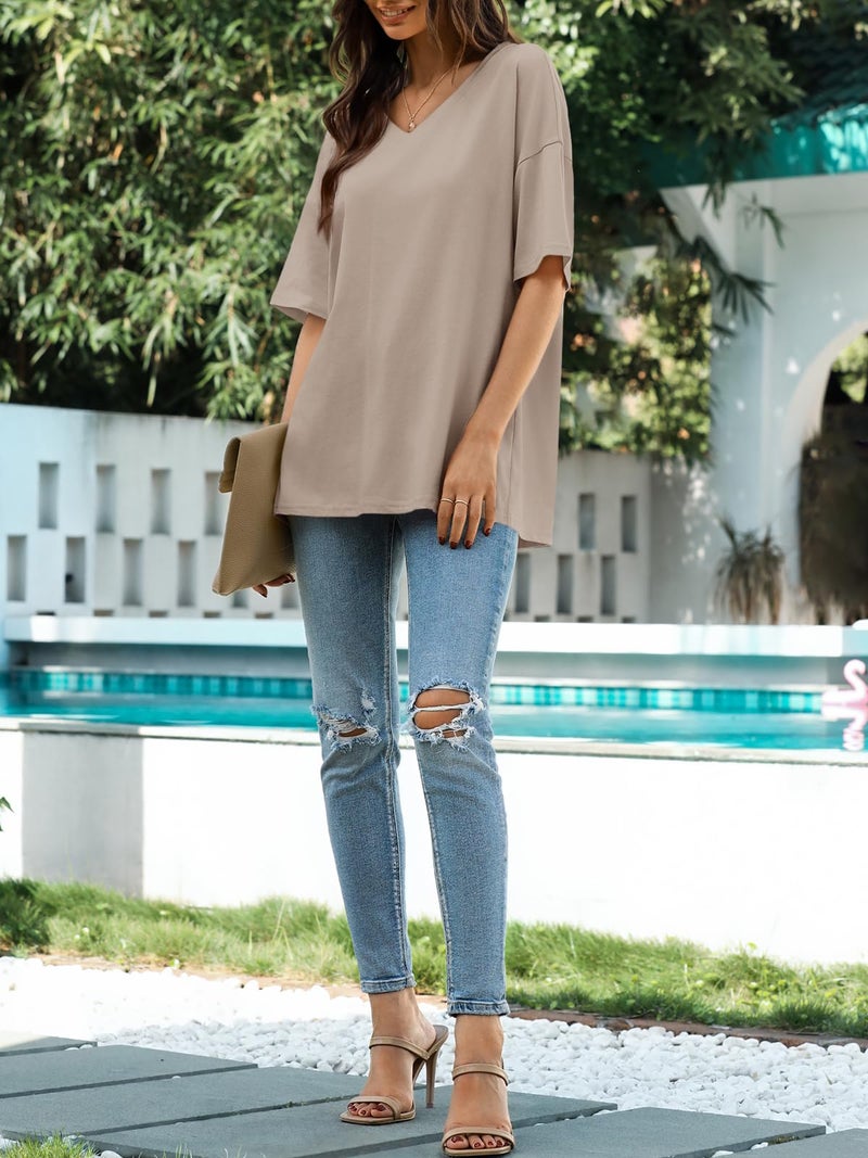 Ebifin Womens Oversized Tshirts V Neck Tee Shirts Half Sleeve Loose Fit T Shirt Cotton Tunic Tops 2024 - Image 3