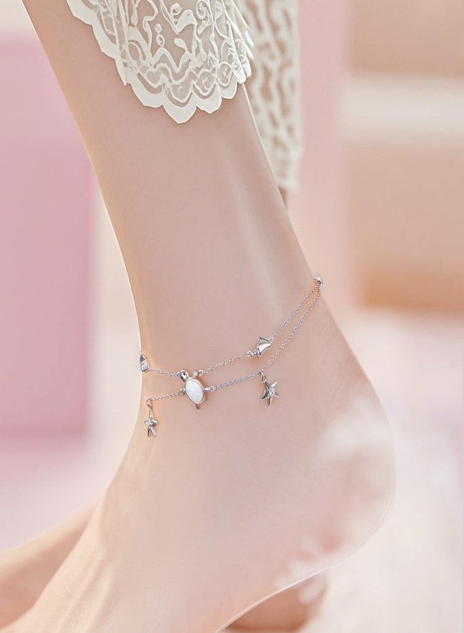 Flyow Anklet for Women 925 Sterling Silver Double Layered Beaded Anklet Bracelets Sea Turtle Opal Beach Starfish Conch Adjustable Beach Foot Chain Summer Beach Ocean Jewelry for Wife Girlfriend Mom Mothers Day Anniversary Birthday - Image 2