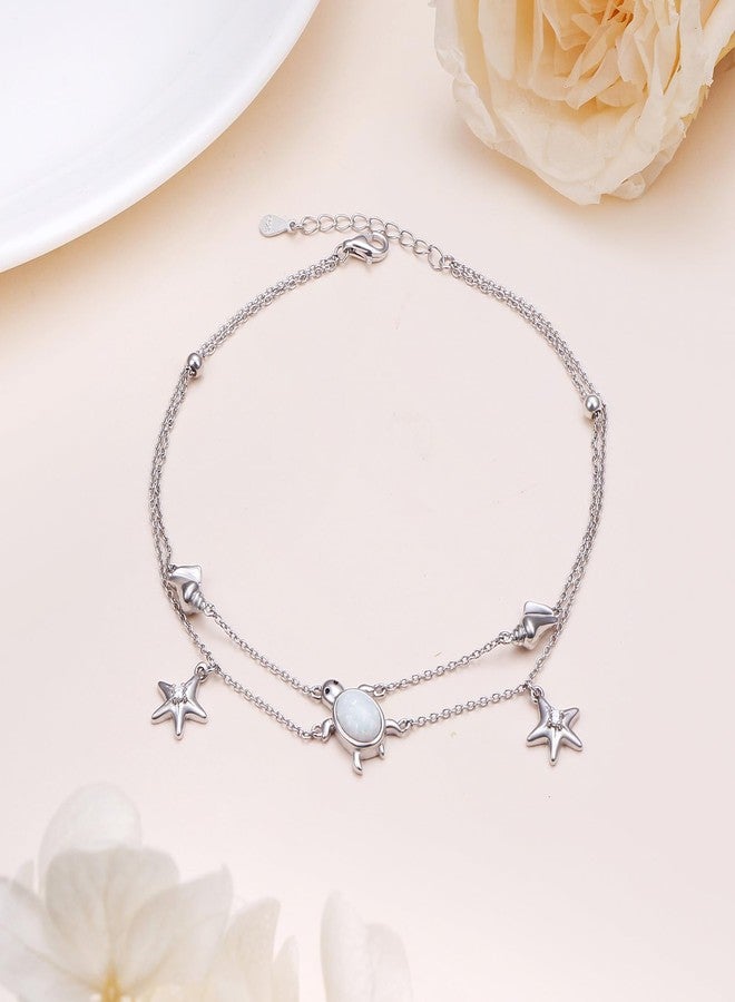 Flyow Anklet for Women 925 Sterling Silver Double Layered Beaded Anklet Bracelets Sea Turtle Opal Beach Starfish Conch Adjustable Beach Foot Chain Summer Beach Ocean Jewelry for Wife Girlfriend Mom Mothers Day Anniversary Birthday - Image 4