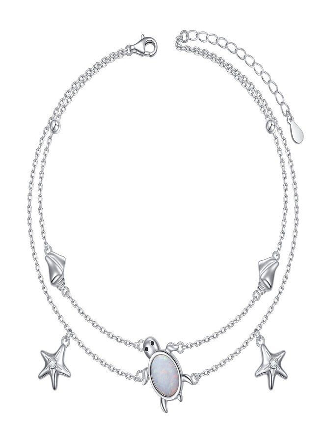 Flyow Anklet for Women 925 Sterling Silver Double Layered Beaded Anklet Bracelets Sea Turtle Opal Beach Starfish Conch Adjustable Beach Foot Chain Summer Beach Ocean Jewelry for Wife Girlfriend Mom Mothers Day Anniversary Birthday - Image 1