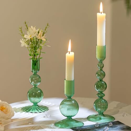 Hewory Glass Candlestick Holders Set 3PCS Green Candle Holder Taper Candle Holders Bulk Crystal Ribbed Candle Sticks Holder Decor for Table Centerpiece Wedding Christmas Thanksgiving Dinner - Image 1