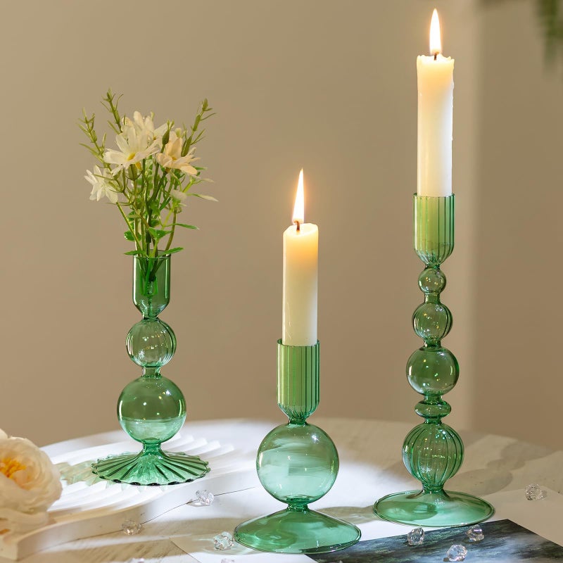 Hewory Glass Candlestick Holders Set 3PCS Green Candle Holder Taper Candle Holders Bulk Crystal Ribbed Candle Sticks Holder Decor for Table Centerpiece Wedding Christmas Thanksgiving Dinner - Image 2