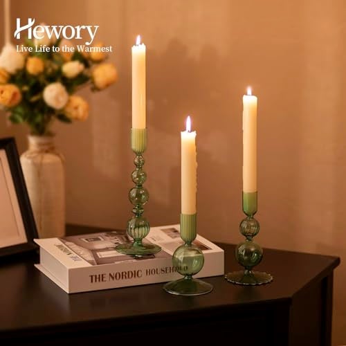 Hewory Glass Candlestick Holders Set 3PCS Green Candle Holder Taper Candle Holders Bulk Crystal Ribbed Candle Sticks Holder Decor for Table Centerpiece Wedding Christmas Thanksgiving Dinner - Image 3