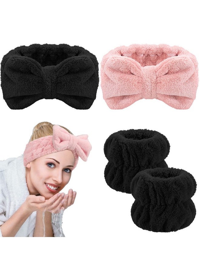 Chuangdi - 4 Pcs Spa Headband Wrist Washband Scrunchies Cuffs For Washing Face Towel Wristbands Hair Headband Face Wash Wristband For Women Girls Makeup Prevent Liquids From Spilling (Black Pink) - Image 1