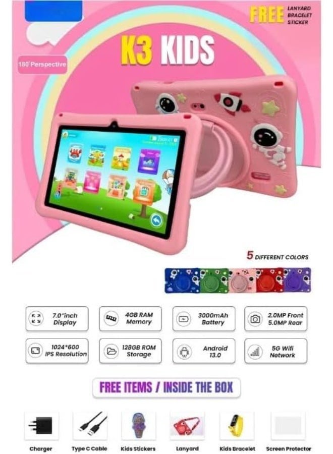 Oteeto K3 Kids Tablet, 17.8 cm Display, 128GB Storage, 4GB RAM, Case, Wi-Fi includes Charger/Cable/Screen protector/Slicia gel Case/Sticker/Lanyard/Bracelet. (Purple)  - Image 4