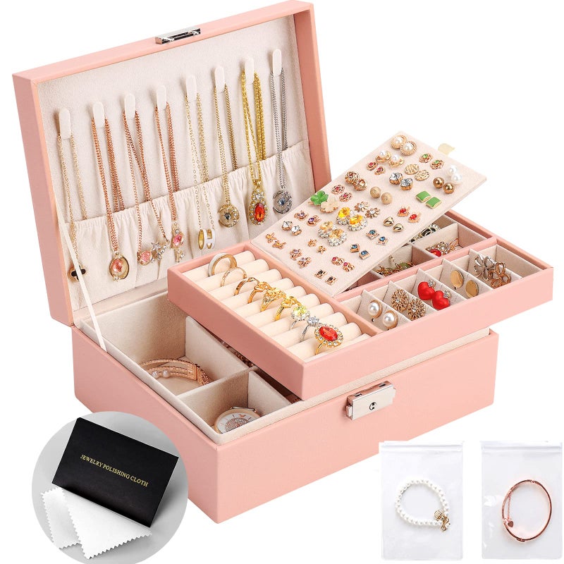 Jewelry Organizer Box Leather Jewelry Box for Girls Gift Earring Organizer with Lock Double Layers Jewelry Case Removable Tray for Necklace Earring Ring with Polishing Cloth and Jewelry Bags