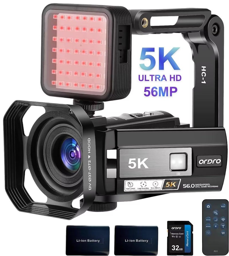 ORDRO 5K Video Camera Camcorder with 95 Wide Angle WDR Mode EIS Stabilizer AE20 Video Camera Recorder IR Night Vision Vlogging Camera for YouTube with IR Night Light Holder Remote 2 Batteries