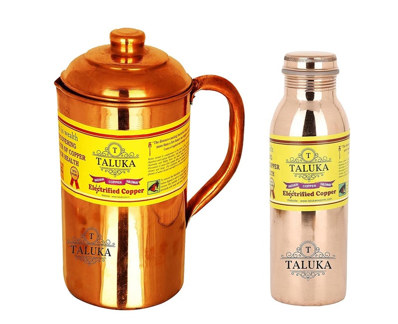 Taluka Handmade Plain Copper Jug Pitcher 1500 ml with 1 Leak Proof Joint Free 1000 ML Water Bottle Storage Drinkware Home Hotel Tableware Set of 2 - Image 1