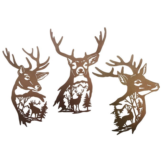 JFly Deer Metal Wall Art 9 Inch Deer Silhouette Wall Decor Rustic Forest Hunting Sign Woodland Christmas Decor for Fence Patio Porch Farmhouse Indoor for Living Room Bedroom Bathroom 3 Piece Set