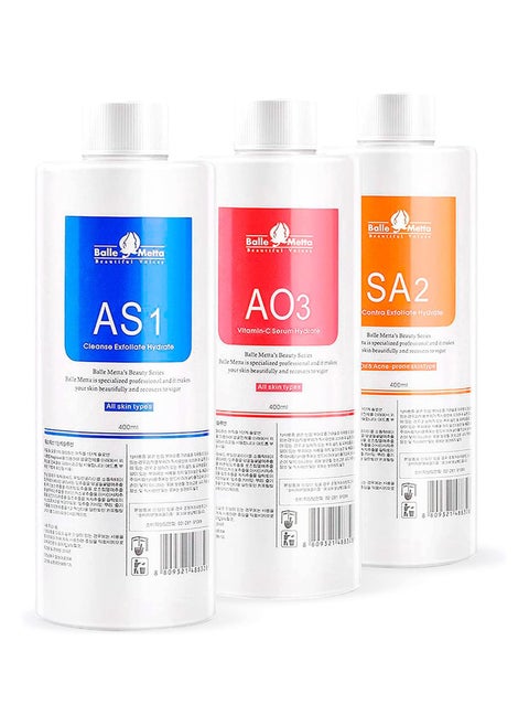 Hydrogen Oxygen Facial Machine Serums for Facial Cleansing – A Pack of 400ml 3 Aqua Peeling Solution AS1, SA2, and AO3 –Skin Care Hydra Solution for Vacuum face Cleaning Jet for Home and Spa