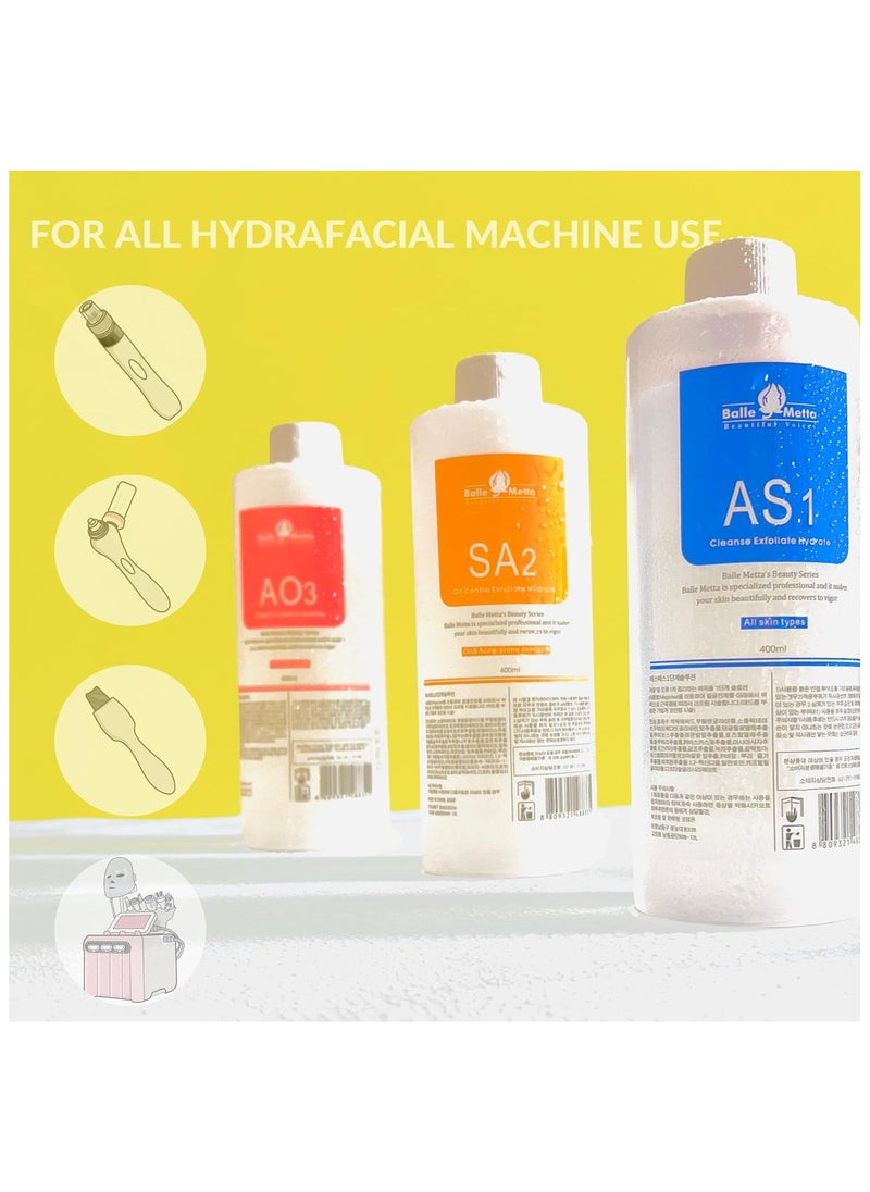 BRÜUN - Hydrogen Oxygen Facial Machine Serums for Facial Cleansing – A Pack of 400ml 3 Aqua Peeling Solution AS1, SA2, and AO3 –Skin Care Hydra Solution for Vacuum face Cleaning Jet for Home and Spa - Image 1