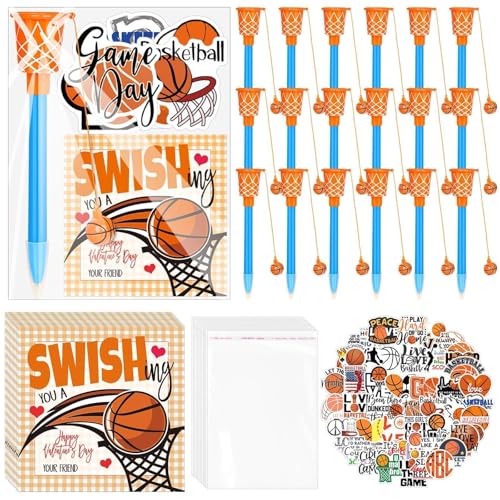 Gosodeny 18 Set Basketball Party Favor Set with Mini Hoop Pens Stickers Exchange Cards and Gift Bags Bulk Gifts Sports Birthday Goodie Bag Fillers for Adult - Image 1