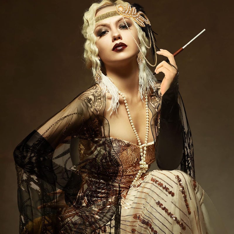 Excefore 1920s Accessories Set, Flapper Feather Headband Pearl Necklace Rhinestone Earrings Gloves Fringed Evening Cape Scarf 20s Accessories for Women Girls - Image 5